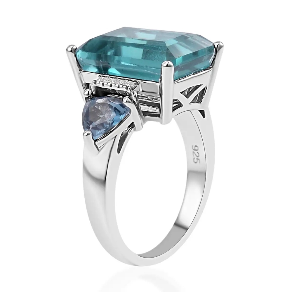 Rare Dean Teal Fluorite  and Multi Gemstone Ring in Rhodium Over Sterling Silver - Picture 4 of 8